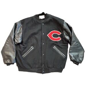 black Cincinnati Reds embroidered varsity leather wool bomber jacket coat XL‎
